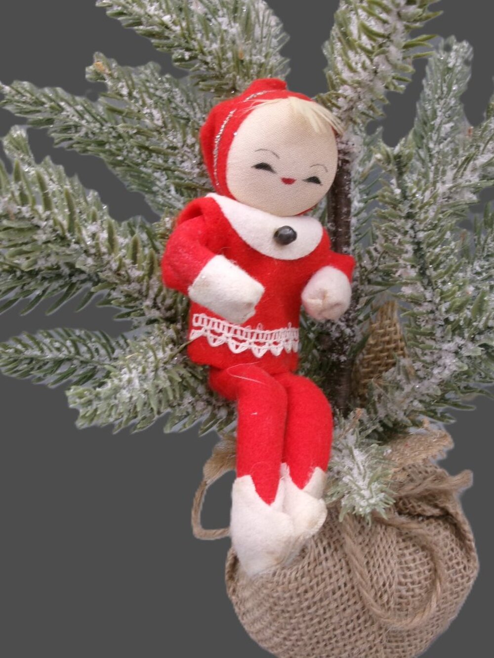 Vintage Pixie Elf Christmas Ornament, Poseable Sitter, Stockinette Face